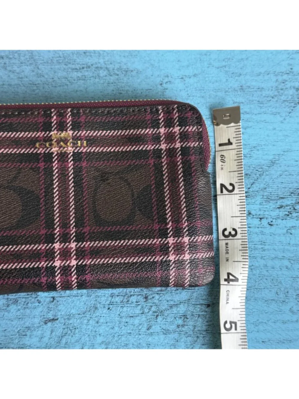 COACH Plaid Wristlet Clutch w/ Signature Logo Print In Burgundy & Pink